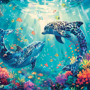 Darstellung des Puzzle Motivs Leoparden-Delfine am Korallenriff - Fantasie-Tiere in der Unterwasserwelt 1000 Puzzle 3D Modell