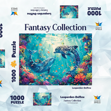Darstellung des Puzzle Motivs Leoparden-Delfine am Korallenriff - Fantasie-Tiere in der Unterwasserwelt 1000 Puzzle Schachtel 3D Modell