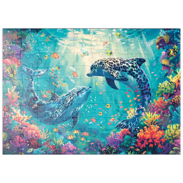 Darstellung des Puzzle Motivs puzzleplate Leoparden-Delfine am Korallenriff - Fantasie-Tiere in der Unterwasserwelt 100 Puzzle