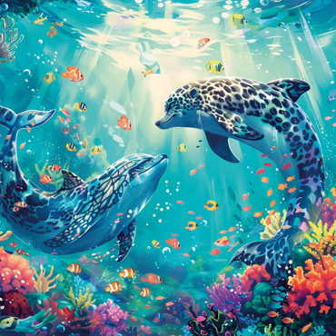 Darstellung des Puzzle Motivs Leoparden-Delfine am Korallenriff - Fantasie-Tiere in der Unterwasserwelt 100 Puzzle 3D Modell
