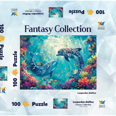 Darstellung des Puzzle Motivs Leoparden-Delfine am Korallenriff - Fantasie-Tiere in der Unterwasserwelt 100 Puzzle Schachtel 3D Modell