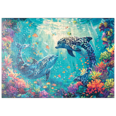Darstellung des Puzzle Motivs puzzleplate Leoparden-Delfine am Korallenriff - Fantasie-Tiere in der Unterwasserwelt 200 Puzzle