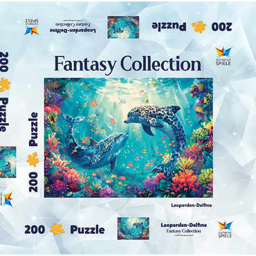 Darstellung des Puzzle Motivs Leoparden-Delfine am Korallenriff - Fantasie-Tiere in der Unterwasserwelt 200 Puzzle Schachtel 3D Modell