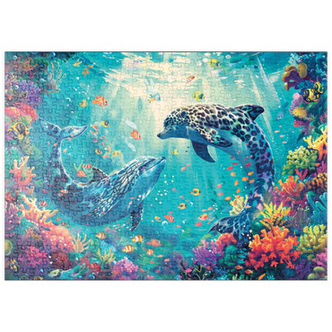 Darstellung des Puzzle Motivs puzzleplate Leoparden-Delfine am Korallenriff - Fantasie-Tiere in der Unterwasserwelt 500 Puzzle