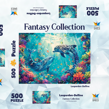 Darstellung des Puzzle Motivs Leoparden-Delfine am Korallenriff - Fantasie-Tiere in der Unterwasserwelt 500 Puzzle Schachtel 3D Modell