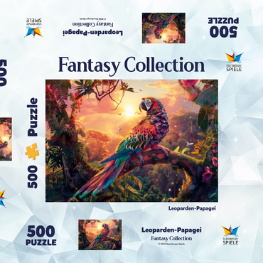 Darstellung des Puzzle Motivs Leoparden-Papagei - Fantasie-Tier im farbenprächtigen Dschungel 500 Puzzle Schachtel 3D Modell