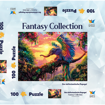 Darstellung des Puzzle Motivs Der elefantastische Papagei - Fantasie-Tier im farbenprächtigen Dschungel 100 Puzzle Schachtel 3D Modell