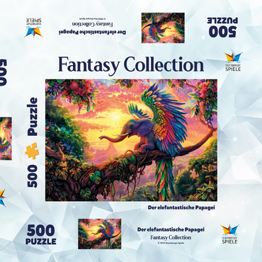 Darstellung des Puzzle Motivs Der elefantastische Papagei - Fantasie-Tier im farbenprächtigen Dschungel 500 Puzzle Schachtel 3D Modell
