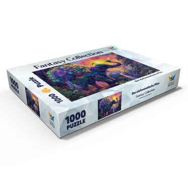 Darstellung des Puzzle Motivs Der elefantastische Pfau - Fantasie-Tier im farbenprächtigen Dschungel 1000 Puzzle Schachtel Ansicht1