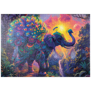 Darstellung des Puzzle Motivs puzzleplate Der elefantastische Pfau - Fantasie-Tier im farbenprächtigen Dschungel 1000 Puzzle