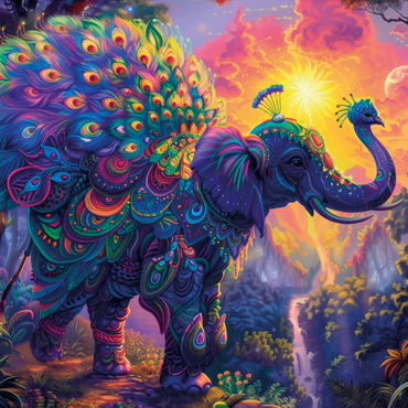 Darstellung des Puzzle Motivs Der elefantastische Pfau - Fantasie-Tier im farbenprächtigen Dschungel 1000 Puzzle 3D Modell