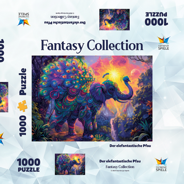 Darstellung des Puzzle Motivs Der elefantastische Pfau - Fantasie-Tier im farbenprächtigen Dschungel 1000 Puzzle Schachtel 3D Modell