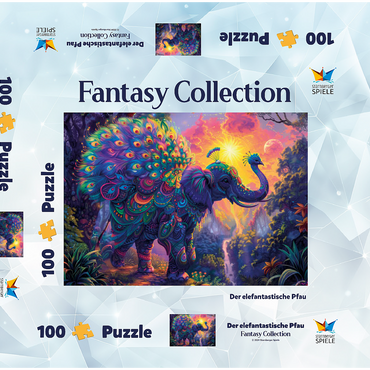 Darstellung des Puzzle Motivs Der elefantastische Pfau - Fantasie-Tier im farbenprächtigen Dschungel 100 Puzzle Schachtel 3D Modell