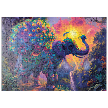 Darstellung des Puzzle Motivs puzzleplate Der elefantastische Pfau - Fantasie-Tier im farbenprächtigen Dschungel 200 Puzzle