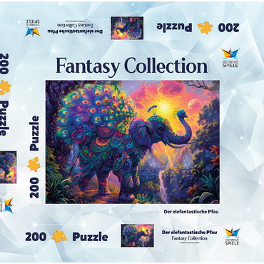Darstellung des Puzzle Motivs Der elefantastische Pfau - Fantasie-Tier im farbenprächtigen Dschungel 200 Puzzle Schachtel 3D Modell