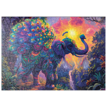 Darstellung des Puzzle Motivs puzzleplate Der elefantastische Pfau - Fantasie-Tier im farbenprächtigen Dschungel 500 Puzzle