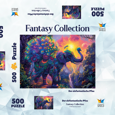 Darstellung des Puzzle Motivs Der elefantastische Pfau - Fantasie-Tier im farbenprächtigen Dschungel 500 Puzzle Schachtel 3D Modell