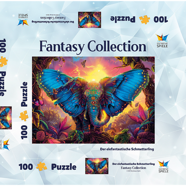 Darstellung des Puzzle Motivs Der elefantastische Schmetterling - Fantasie-Tier im farbenprächtigen Dschungel 100 Puzzle Schachtel 3D Modell