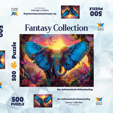 Darstellung des Puzzle Motivs Der elefantastische Schmetterling - Fantasie-Tier im farbenprächtigen Dschungel 500 Puzzle Schachtel 3D Modell