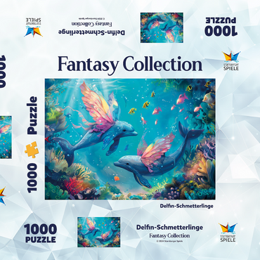 Darstellung des Puzzle Motivs Delfin-Schmetterlinge am Korallenriff - Fantasie-Tiere in der Unterwasserwelt 1000 Puzzle Schachtel 3D Modell