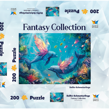 Darstellung des Puzzle Motivs Delfin-Schmetterlinge am Korallenriff - Fantasie-Tiere in der Unterwasserwelt 200 Puzzle Schachtel 3D Modell