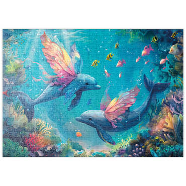 Darstellung des Puzzle Motivs puzzleplate Delfin-Schmetterlinge am Korallenriff - Fantasie-Tiere in der Unterwasserwelt 500 Puzzle
