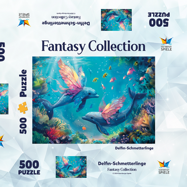 Darstellung des Puzzle Motivs Delfin-Schmetterlinge am Korallenriff - Fantasie-Tiere in der Unterwasserwelt 500 Puzzle Schachtel 3D Modell