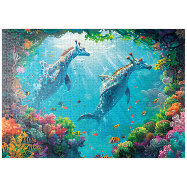 Darstellung des Puzzle Motivs puzzleplate Delfin-Giraffen am Korallenriff - Fantasie-Tiere in der Unterwasserwelt 1000 Puzzle