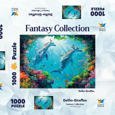 Darstellung des Puzzle Motivs Delfin-Giraffen am Korallenriff - Fantasie-Tiere in der Unterwasserwelt 1000 Puzzle Schachtel 3D Modell