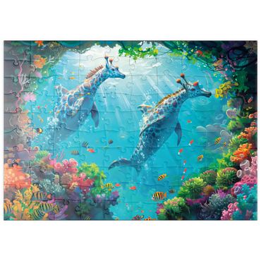 Darstellung des Puzzle Motivs puzzleplate Delfin-Giraffen am Korallenriff - Fantasie-Tiere in der Unterwasserwelt 100 Puzzle