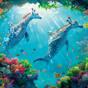 Darstellung des Puzzle Motivs Delfin-Giraffen am Korallenriff - Fantasie-Tiere in der Unterwasserwelt 100 Puzzle 3D Modell