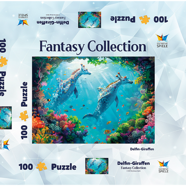 Darstellung des Puzzle Motivs Delfin-Giraffen am Korallenriff - Fantasie-Tiere in der Unterwasserwelt 100 Puzzle Schachtel 3D Modell