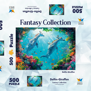 Darstellung des Puzzle Motivs Delfin-Giraffen am Korallenriff - Fantasie-Tiere in der Unterwasserwelt 500 Puzzle Schachtel 3D Modell