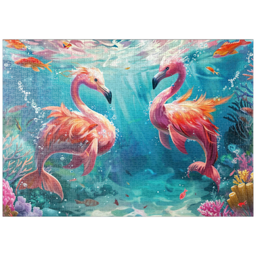 Darstellung des Puzzle Motivs puzzleplate Delfin-Flamingos am Korallenriff - Fantasie-Tiere in der Unterwasserwelt 1000 Puzzle