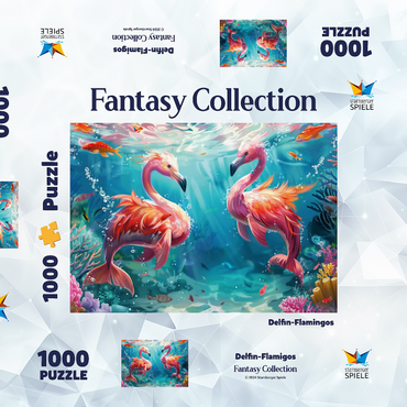 Darstellung des Puzzle Motivs Delfin-Flamingos am Korallenriff - Fantasie-Tiere in der Unterwasserwelt 1000 Puzzle Schachtel 3D Modell