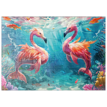 Darstellung des Puzzle Motivs puzzleplate Delfin-Flamingos am Korallenriff - Fantasie-Tiere in der Unterwasserwelt 100 Puzzle