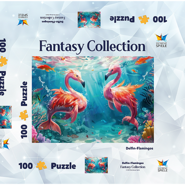 Darstellung des Puzzle Motivs Delfin-Flamingos am Korallenriff - Fantasie-Tiere in der Unterwasserwelt 100 Puzzle Schachtel 3D Modell