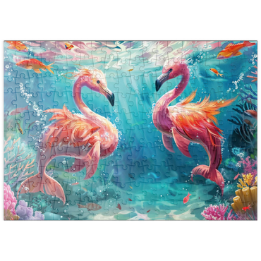 Darstellung des Puzzle Motivs puzzleplate Delfin-Flamingos am Korallenriff - Fantasie-Tiere in der Unterwasserwelt 200 Puzzle