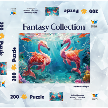 Darstellung des Puzzle Motivs Delfin-Flamingos am Korallenriff - Fantasie-Tiere in der Unterwasserwelt 200 Puzzle Schachtel 3D Modell