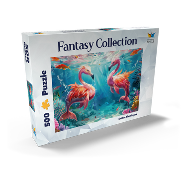 Darstellung des Puzzle Motivs Delfin-Flamingos am Korallenriff - Fantasie-Tiere in der Unterwasserwelt 500 Puzzle Schachtel Ansicht2