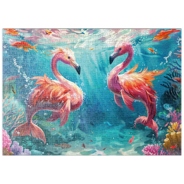 Darstellung des Puzzle Motivs puzzleplate Delfin-Flamingos am Korallenriff - Fantasie-Tiere in der Unterwasserwelt 500 Puzzle