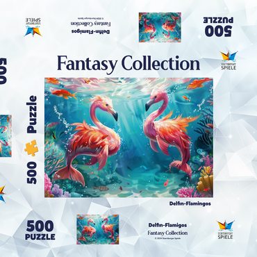 Darstellung des Puzzle Motivs Delfin-Flamingos am Korallenriff - Fantasie-Tiere in der Unterwasserwelt 500 Puzzle Schachtel 3D Modell
