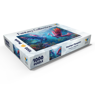 Darstellung des Puzzle Motivs Flamingo-Papageien am Korallenriff - Fantasie-Tiere in der Unterwasserwelt 1000 Puzzle Schachtel Ansicht1