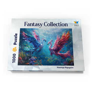 Darstellung des Puzzle Motivs Flamingo-Papageien am Korallenriff - Fantasie-Tiere in der Unterwasserwelt 1000 Puzzle Schachtel Ansicht3