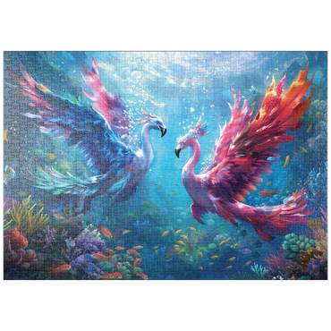 Darstellung des Puzzle Motivs puzzleplate Flamingo-Papageien am Korallenriff - Fantasie-Tiere in der Unterwasserwelt 1000 Puzzle