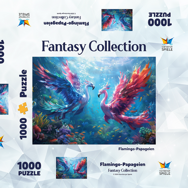Darstellung des Puzzle Motivs Flamingo-Papageien am Korallenriff - Fantasie-Tiere in der Unterwasserwelt 1000 Puzzle Schachtel 3D Modell