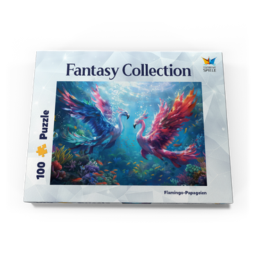 Darstellung des Puzzle Motivs Flamingo-Papageien am Korallenriff - Fantasie-Tiere in der Unterwasserwelt 100 Puzzle Schachtel Ansicht3