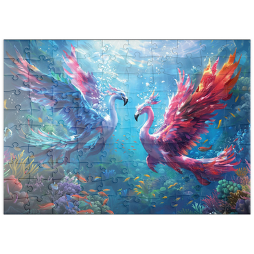 Darstellung des Puzzle Motivs puzzleplate Flamingo-Papageien am Korallenriff - Fantasie-Tiere in der Unterwasserwelt 100 Puzzle
