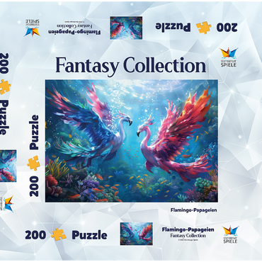 Darstellung des Puzzle Motivs Flamingo-Papageien am Korallenriff - Fantasie-Tiere in der Unterwasserwelt 200 Puzzle Schachtel 3D Modell