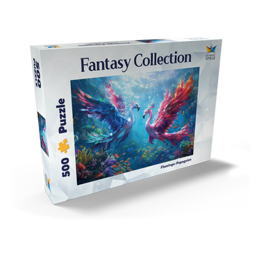 Darstellung des Puzzle Motivs Flamingo-Papageien am Korallenriff - Fantasie-Tiere in der Unterwasserwelt 500 Puzzle Schachtel Ansicht2